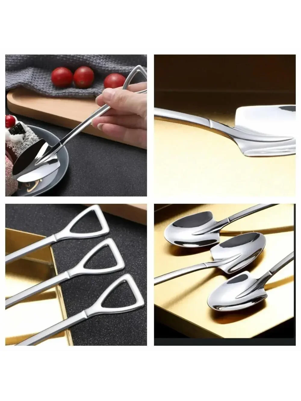 4-Piece Mini Shovel Spoons Set, Silver Stainless Steel Dessert Serving Utensils